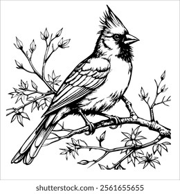 A black and white drawing of a cardinal perched on a branch