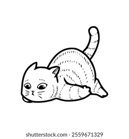 A black and white drawing of a cat laying down