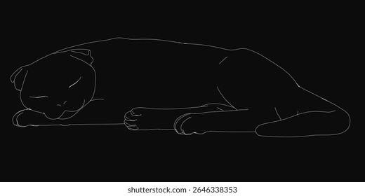 A black and white drawing of a cat sleeping peacefully on a black background, curled up in a relaxed position with its head resting on its paws. The cat's eyes are closed, and its fur is shaded.