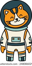 A black and white drawing of a cat in a spacesuit. The cat is wearing a helmet and he is in a space suit