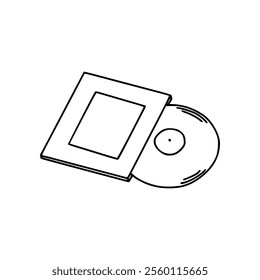 A black and white drawing of a cd and a book