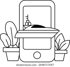 Um desenho em preto e branco de um celular com um barco na tela. O barco está aberto e o telefone é colocado ao lado de uma planta em vaso. A cena é calma e pacífica, com o barco