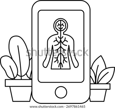 A black and white drawing of a cell phone with a picture of a human body on it. The drawing is of a person's head and torso with a heart and lungs