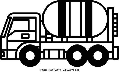 A black and white drawing of a cement truck. The truck is parked on a flat surface. The truck is large and has a long wheelbase