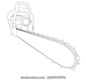 A black and white drawing of a chainsaw. The chainsaw is shown in its entirety, with the chain and the handle clearly visible. Concept of power and danger