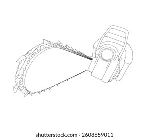A black and white drawing of a chainsaw. The chainsaw is shown in the foreground and the handle is in the background. The chainsaw is shown with a chain wrapped around it