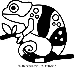 A black and white drawing of a chameleon. The drawing is of a small chameleon sitting on a branch