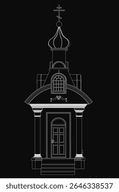 Um desenho preto e branco de uma capela apresenta uma porta detalhada, janelas arqueadas, pilares resistentes e uma cruz proeminente no topo do telhado. O fundo escuro realça a impressionante silhueta da igreja.