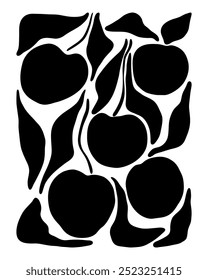 A black and white drawing of cherries. The cherries are arranged in a way that they look like they are growing out of the paper. The drawing has a whimsical and playful feel to it
