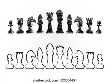 Black and white drawing chess figures set collection on transparent background. Items for intellectual strategic chessboard game