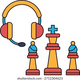 Eine schwarz-weiße Zeichnung eines Schachspiels mit einem Headset und einem König. Die Zeichnung vermittelt die Idee eines strategischen Spiels und die Bedeutung von Kommunikation und Fokus