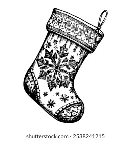 A black and white drawing of a Christmas stocking with snowflakes on it