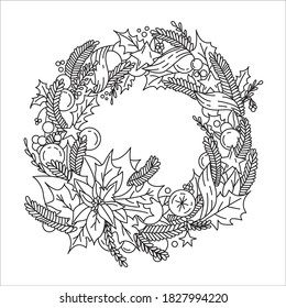 Black and white drawing of a Christmas wreath. Holly, stars, Christmas balls, berries, needles. Coloring book page for adult. Holiday concept.  Coloring antistress and for art therapy.