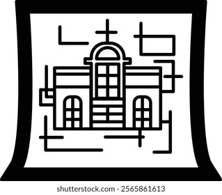 A black and white drawing of a church. The drawing is of a building with a cross on top