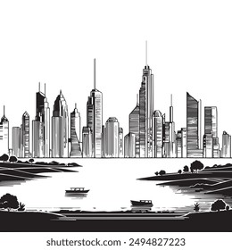 a black and white drawing of a city skyline with a boat in the water.