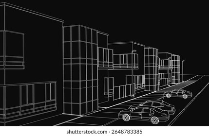 A black and white drawing of a city street features parked cars under glowing streetlights, framed by tall buildings. The dark background creates a mysterious and atmospheric urban scene.