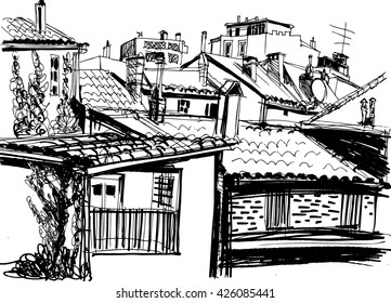 black and white drawing of a cityscape
