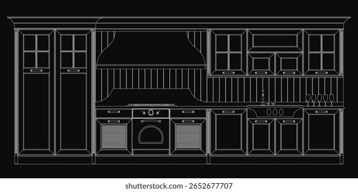 Um desenho preto e branco de uma cozinha clássica com um forno de fogão, armários de madeira e vários utensílios. O fundo escuro realça a atmosfera atemporal e elegante.