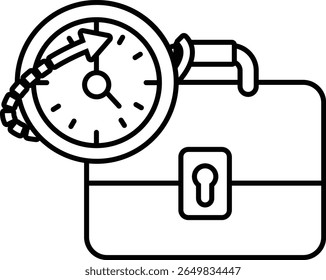 Um desenho em preto e branco de um relógio e uma pasta. O relógio está mostrando a hora como 11:30. A pasta está aberta e tem um buraco de fechadura