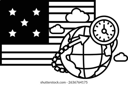 A black and white drawing of a clock and a globe with the American flag in the background. The clock is set at 12:00