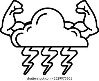 A black and white drawing of a cloud with lightning bolts and a man's arms raised in the air. Concept of strength and power, as if the cloud is a symbol of the man's muscles