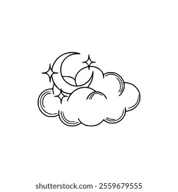 A black and white drawing of a cloud with a moon
