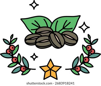 Un dibujo en blanco y negro de granos de café y hojas. Los granos de café están esparcidos alrededor de las hojas, y las hojas están dispuestas en una corona. Concepto de frescura y belleza natural