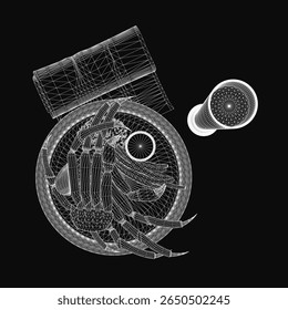 A black and white drawing of a coffee cup sits centered on a solid black background, accompanied by a dish and a crab. The minimalist composition highlights clean lines and stark contrast.
