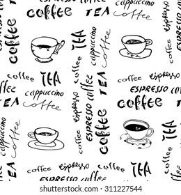 Black and white drawing, coffee cups and labels.Seamless.