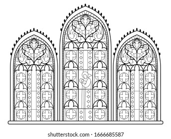 Black and white drawing for coloring book. Beautiful medieval stained glass window in French churches. Gothic architectural style in western Europe. Worksheet for children. Fantasy vector image.