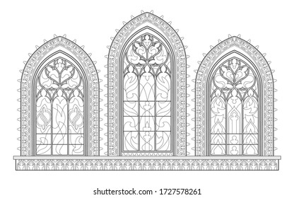 Black and white drawing for coloring book. Beautiful medieval stained glass window in French churches. Gothic architectural style in western Europe. Worksheet for children. Fantasy vector image.