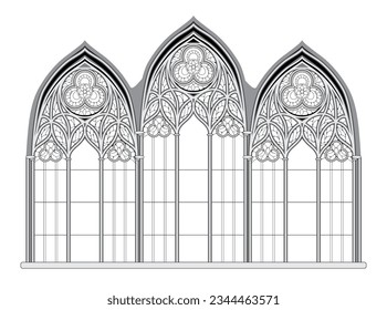 Schwarz-Weiß-Zeichnung zum Färben des Buches. gotisches Buntglasfenster aus der französischen Kirche. Mittelalterliche Architektur in Westeuropa. Bildungsseite. Farbseite für Kinder. Vektorbild.