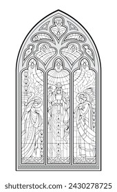 Black and white drawing for coloring book. Gothic stained glass window from French church. Medieval architecture in western Europe. Educational page. Coloring page for children. Vector image.