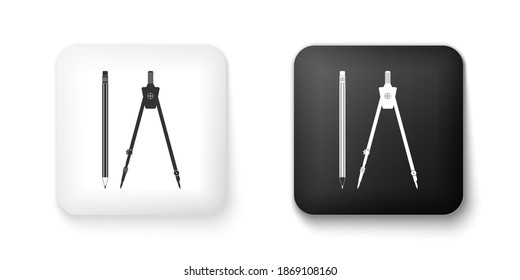 La brújula del dibujo en blanco y negro y el icono del lápiz aislados en el fondo blanco. Señal de educación. Herramientas educativas y de dibujo. Equipo geométrico. Oficina escolar. Botón cuadrado. Vector.