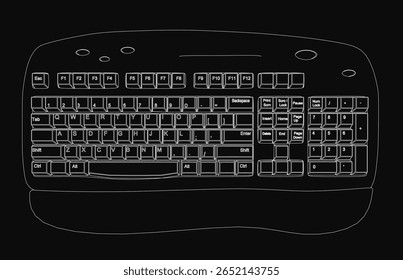 Black and white drawing of a computer keyboard with a standard QWERTY layout on a dark background. Clearly visible keys include numbers, alphabets, and symbols.