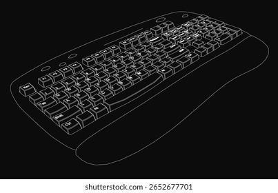 Black and white drawing of a computer keyboard with detailed key labels on a dark background. Minimalist monochrome illustration highlighting the keyboard layout.