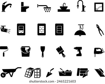 Black and white drawing of construction tools