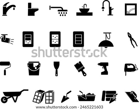 Black and white drawing of construction tools