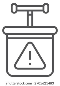 A black and white drawing of a container with a red triangle on it
