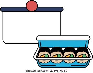 Un dibujo en blanco y negro de un contenedor de sushi y una bandeja de sushi. El contenedor está a la izquierda y la bandeja a la derecha