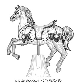 Black and White Drawing contour vector illustration of a carousel horse in a white background For assembly Or create teaching material for mothers who do