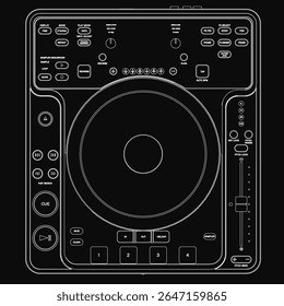A black and white drawing of a controller featuring detailed knobs, faders, and performance pads for precise music mixing. The vinyl-style jog wheels and sampler controls.