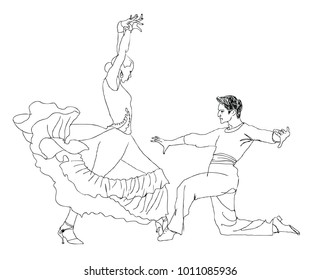 black and white drawing of a couple dancing flamenco