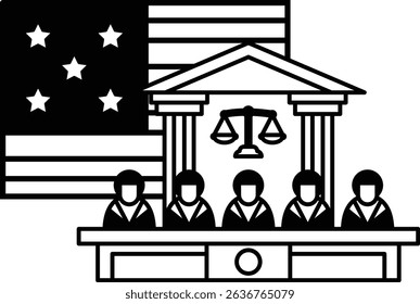 A black and white drawing of a courthouse with a flag in the background. The courthouse is shown with a group of people sitting at a table, and a judge is sitting at a desk