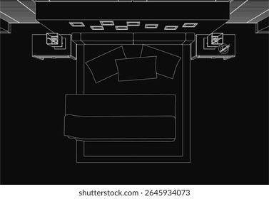 A black and white drawing of a cozy bedroom featuring a neatly made bed with plush pillows, a nightstand, and soft lighting. The dark background creates a mysterious yet inviting atmosphere