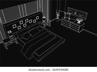 Black and white drawing of a cozy bedroom featuring a neatly made bed with plush pillows, stylish lamps on side tables, framed artwork on the walls, and a decorative flower vase.