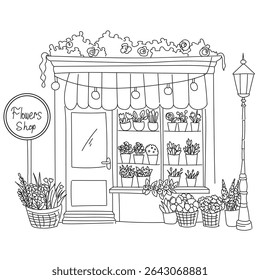 Black and white drawing of a cozy flower shop featuring blooming plants and potted arrangements. coloring page for kids and adult