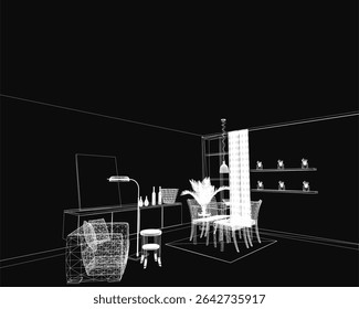 Black and white drawing of a cozy interior with a wooden table, chairs, and stools. A flower vase, lamp, and bottles decorate the table, while shelves in the background hold various objects.