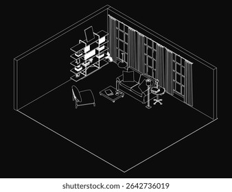 A black and white drawing of a cozy living room features a couch, chair, table, and bookshelf with a dark background creating a mysterious yet inviting atmosphere.