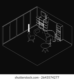 A black and white drawing of a cozy living room featuring a desk, chair, table, and cupboard arranged neatly in the space. The dark background creates a mysterious yet inviting atmosphere, perfect.